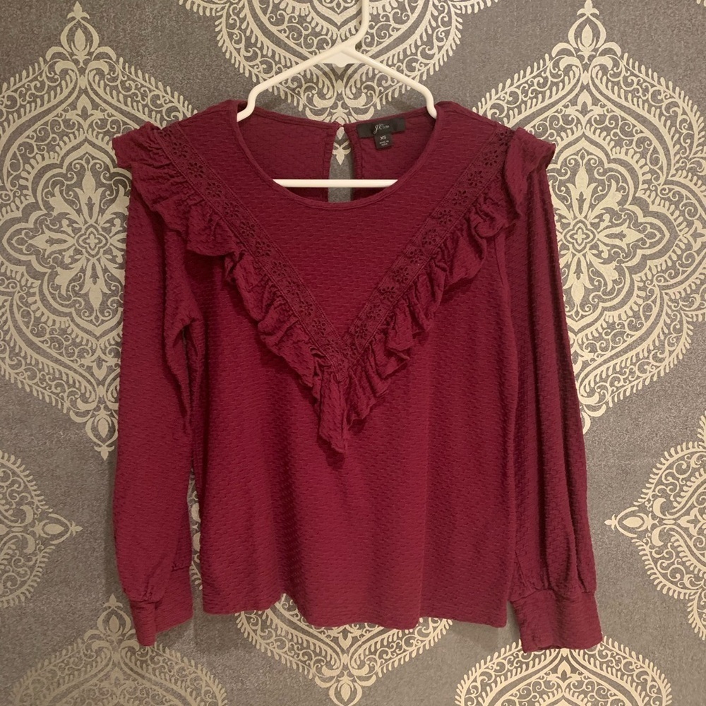 J. Crew Deep Red Ruffle Blouse